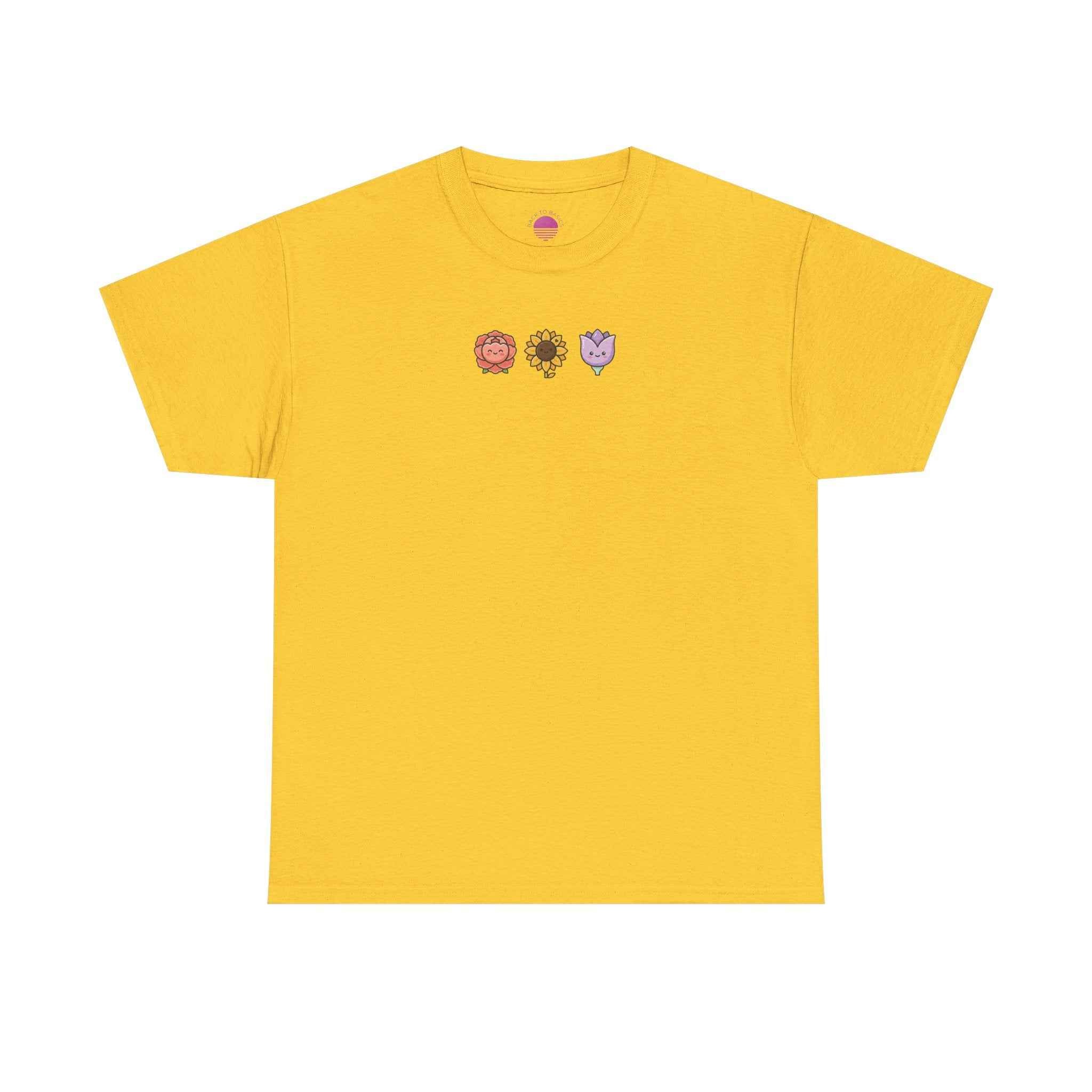 Floral graphic t-shirt featuring cute mini floral lion, sunflower, and heart plants on a yellow background.