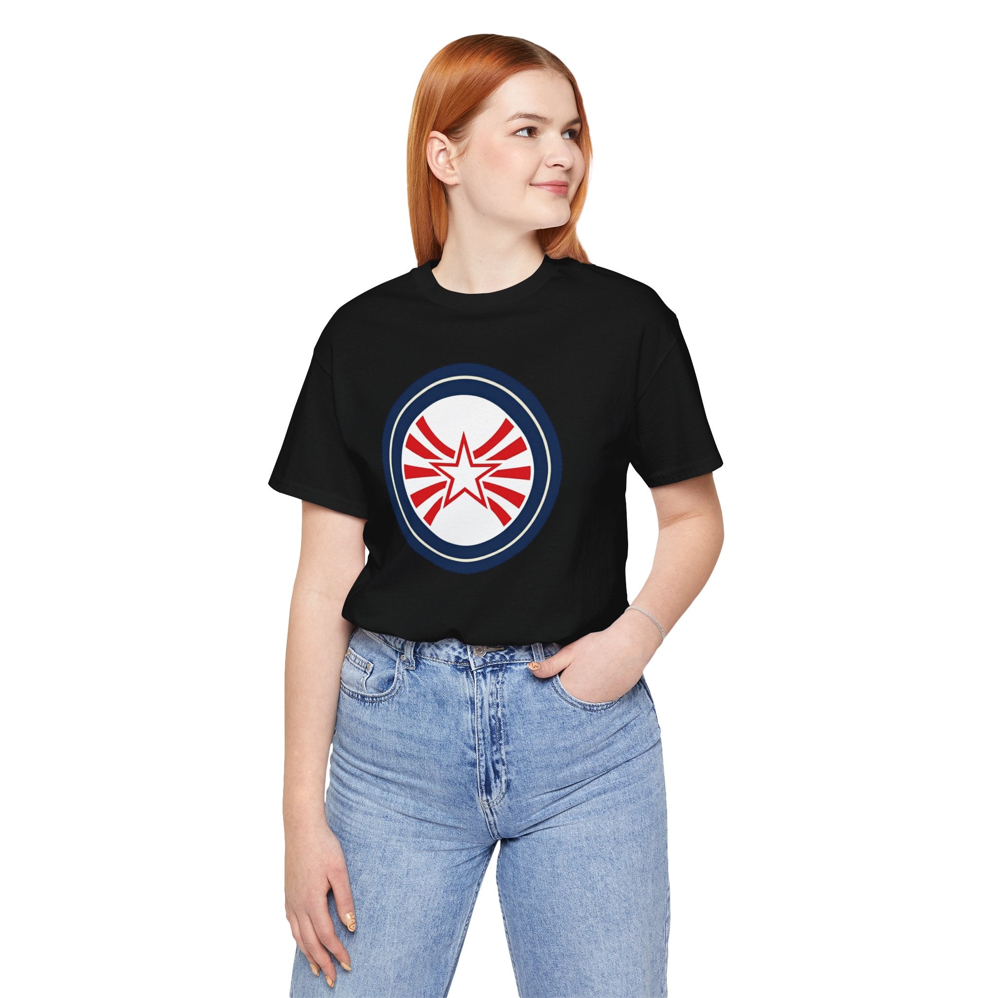 Patriotic Starburst Tee — Red, White & Blue Round Emblem T-Shirt