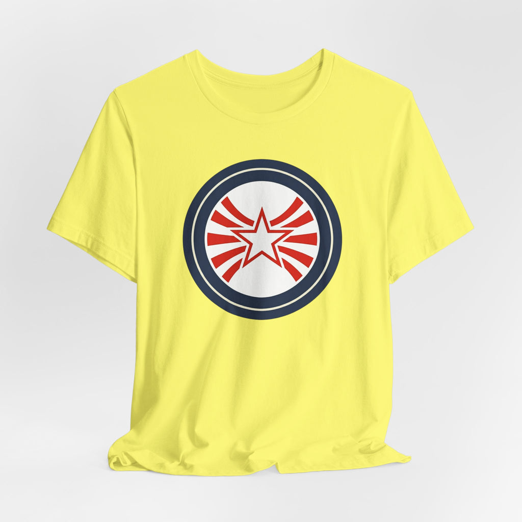 Patriotic Starburst Tee — Red, White & Blue Round Emblem T-Shirt