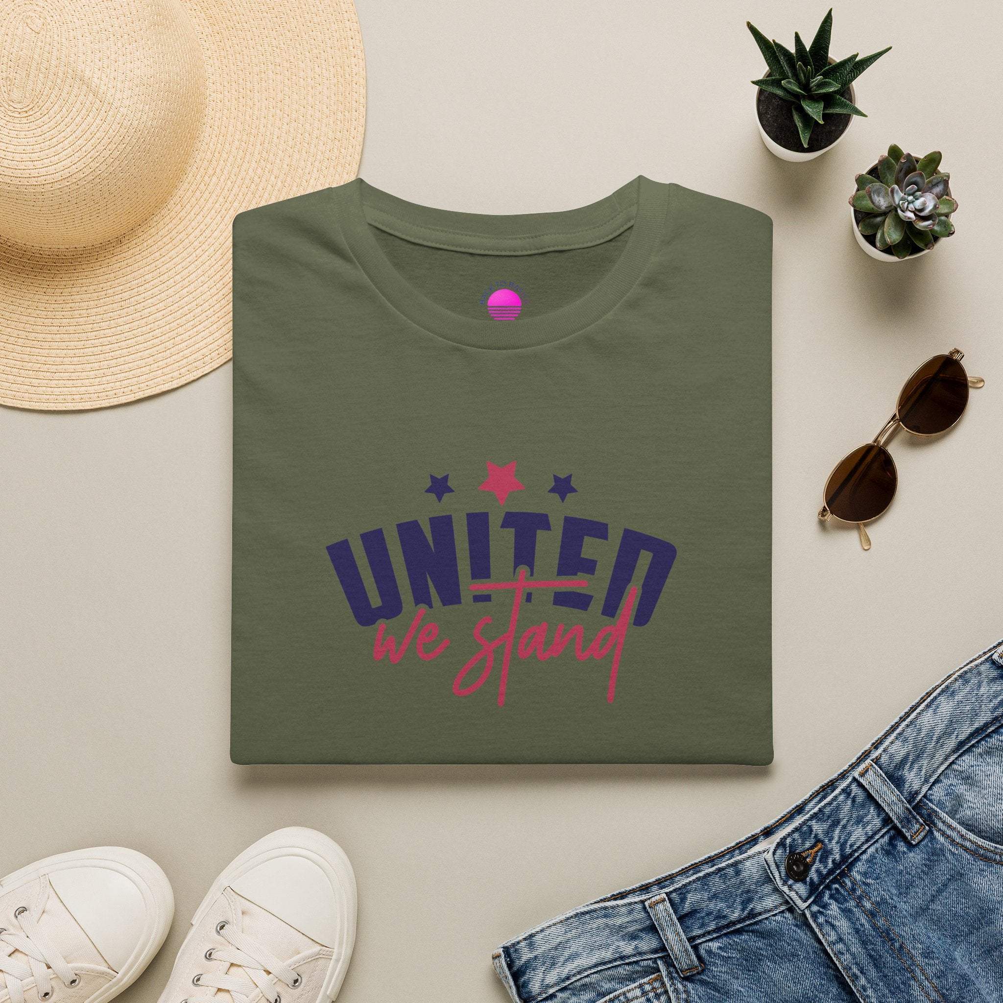July 4th patriotic t-shirt featuring 'United We Stand' design on lightweight olive green fabric.