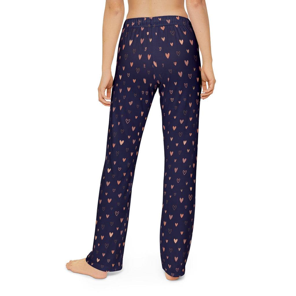 Back view of navy heart print kids lounge pants showcasing scattered heart motif on soft fabric.