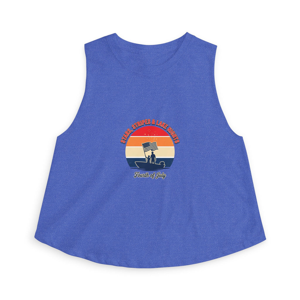 Retro Fourth of July crop top featuring vintage sunset graphic on a blue sleeveless tank.