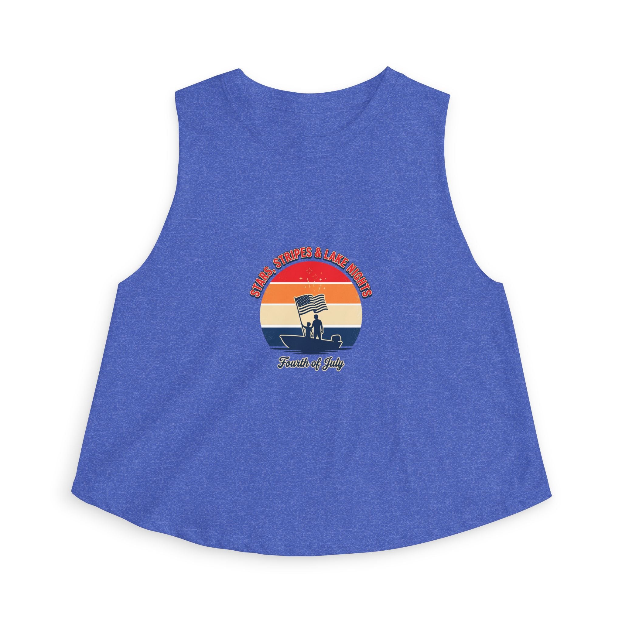 Retro Fourth of July crop top featuring vintage sunset graphic on a blue sleeveless tank.