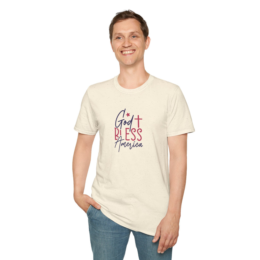 Man wearing a lightweight God Bless America Patriotic Christian T-Shirt with Cross, perfect for casual outings.