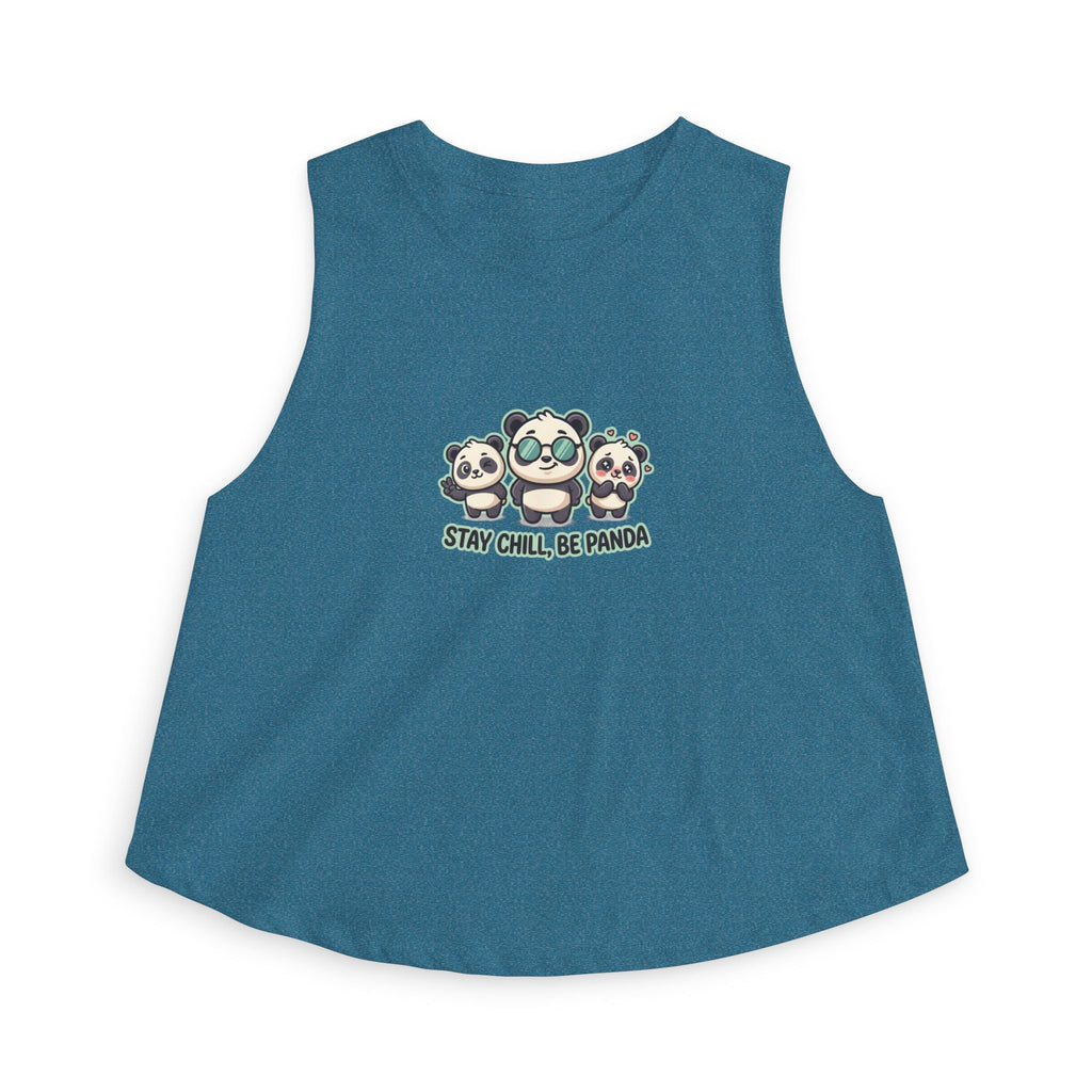 Cute panda graphic crop top featuring three playful pandas and the text 'Stay Chill, Be Panda'.