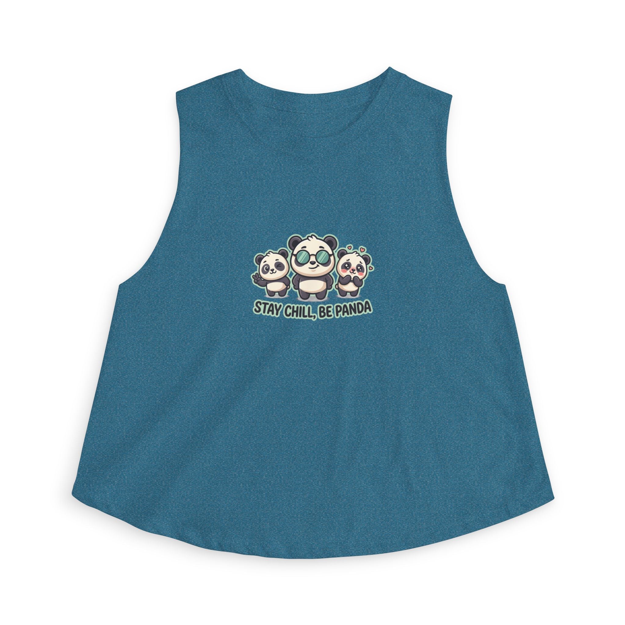 Cute panda graphic crop top featuring three playful pandas and the text 'Stay Chill, Be Panda'.