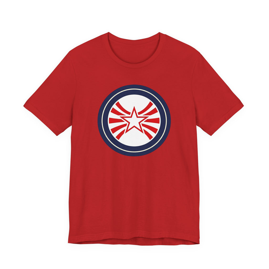 Patriotic Starburst Tee — Red, White & Blue Round Emblem T-Shirt