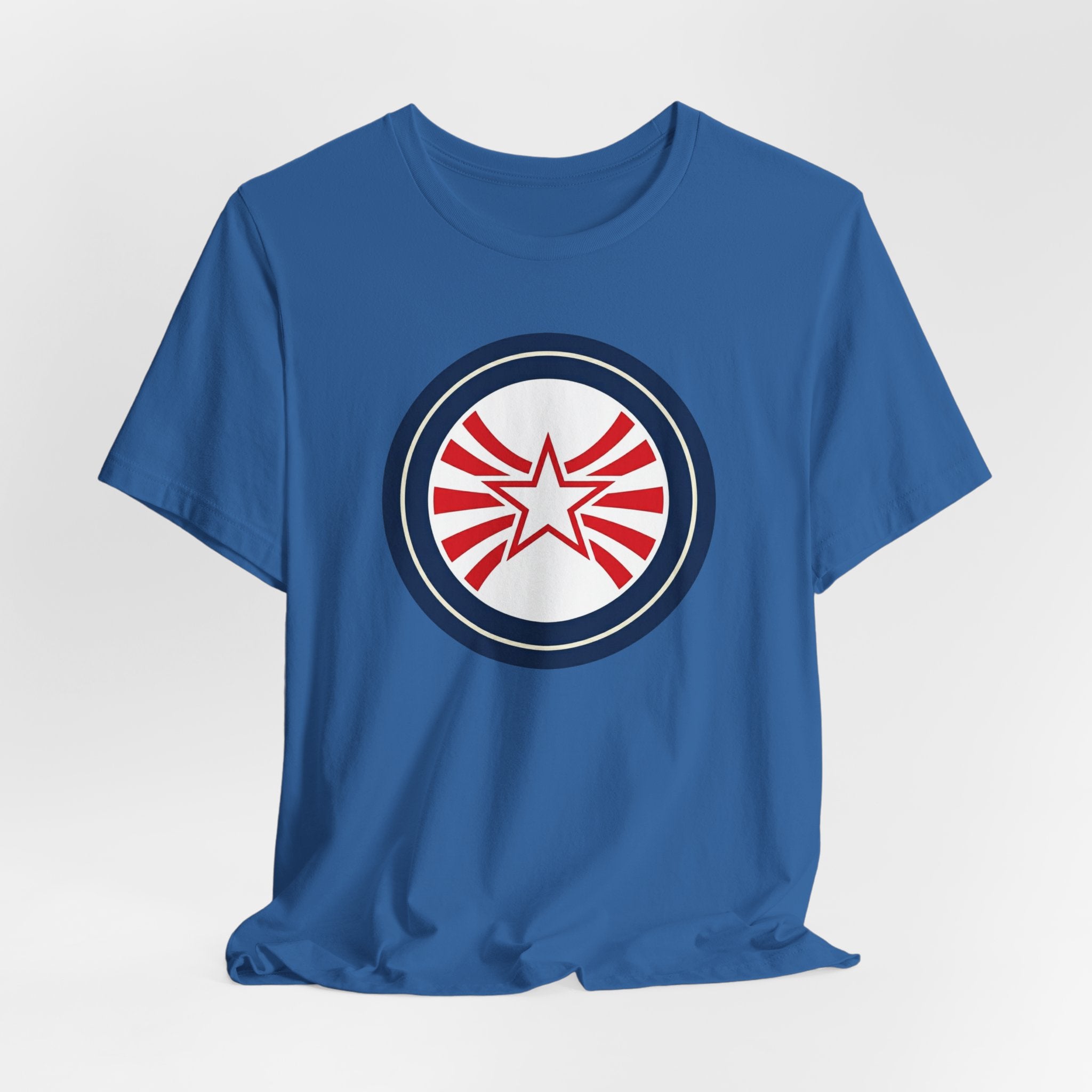 Patriotic Starburst Tee — Red, White & Blue Round Emblem T-Shirt