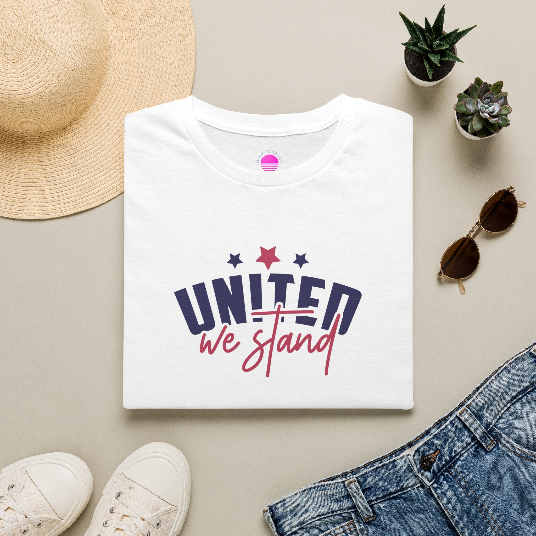 July 4th patriotic t-shirt featuring 'United We Stand' design on a white cotton fabric.