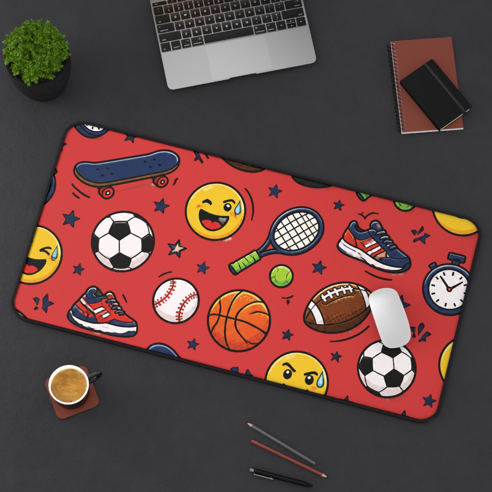 Back To School Sports Emojis Desk Mat — Athletic Pattern Mouse Pad for Kids & Teens