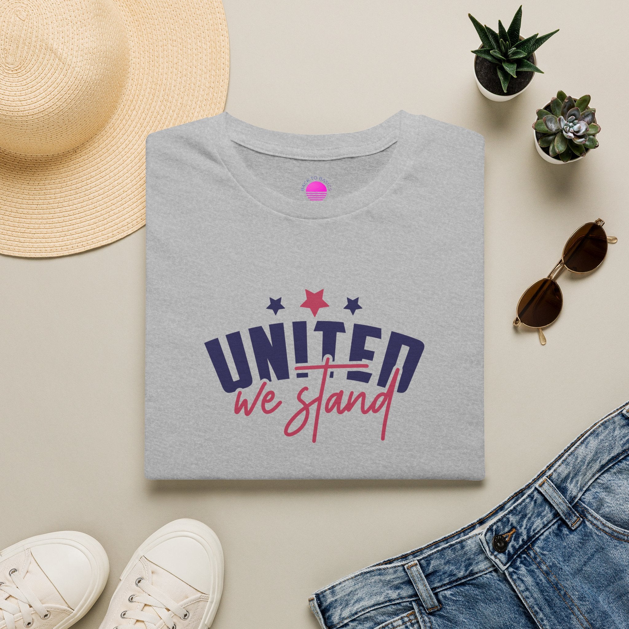 July 4th patriotic t-shirt featuring 'United We Stand' design on a gray cotton tee.