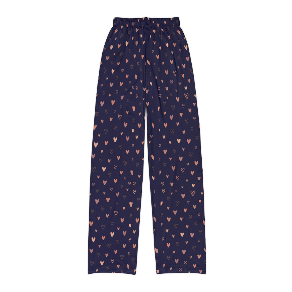 Navy heart print kids lounge pants featuring a scattered heart motif on a deep navy background.