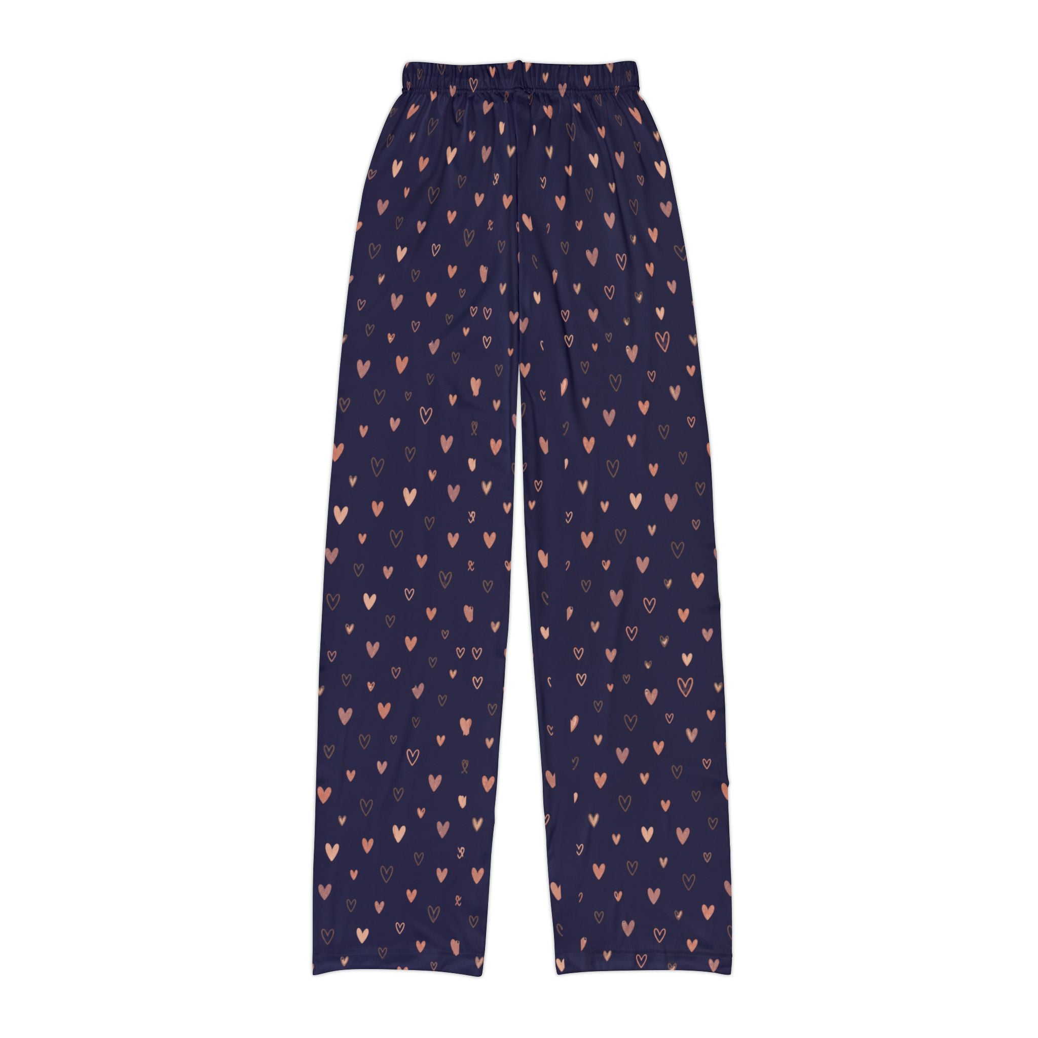 Navy heart print kids lounge pants featuring a scattered heart motif on a deep navy background.