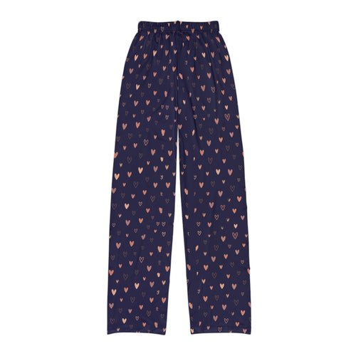 Navy heart print kids lounge pants featuring a scattered heart motif on a deep navy background.