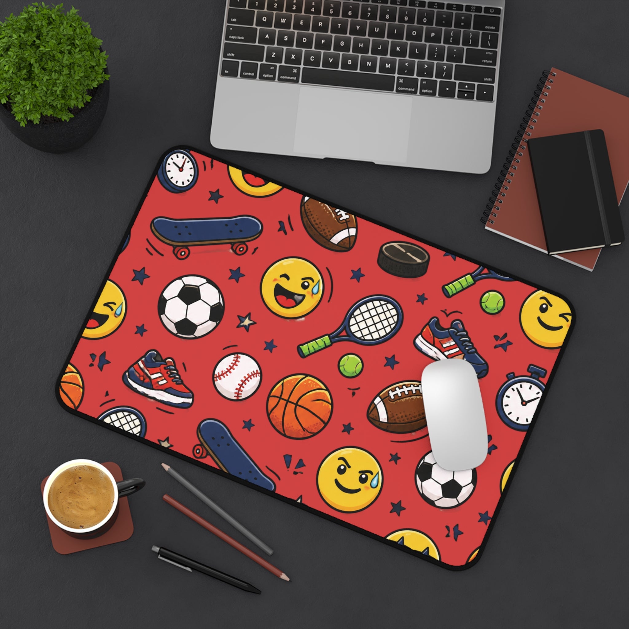 Back To School Sports Emojis Desk Mat — Athletic Pattern Mouse Pad for Kids & Teens