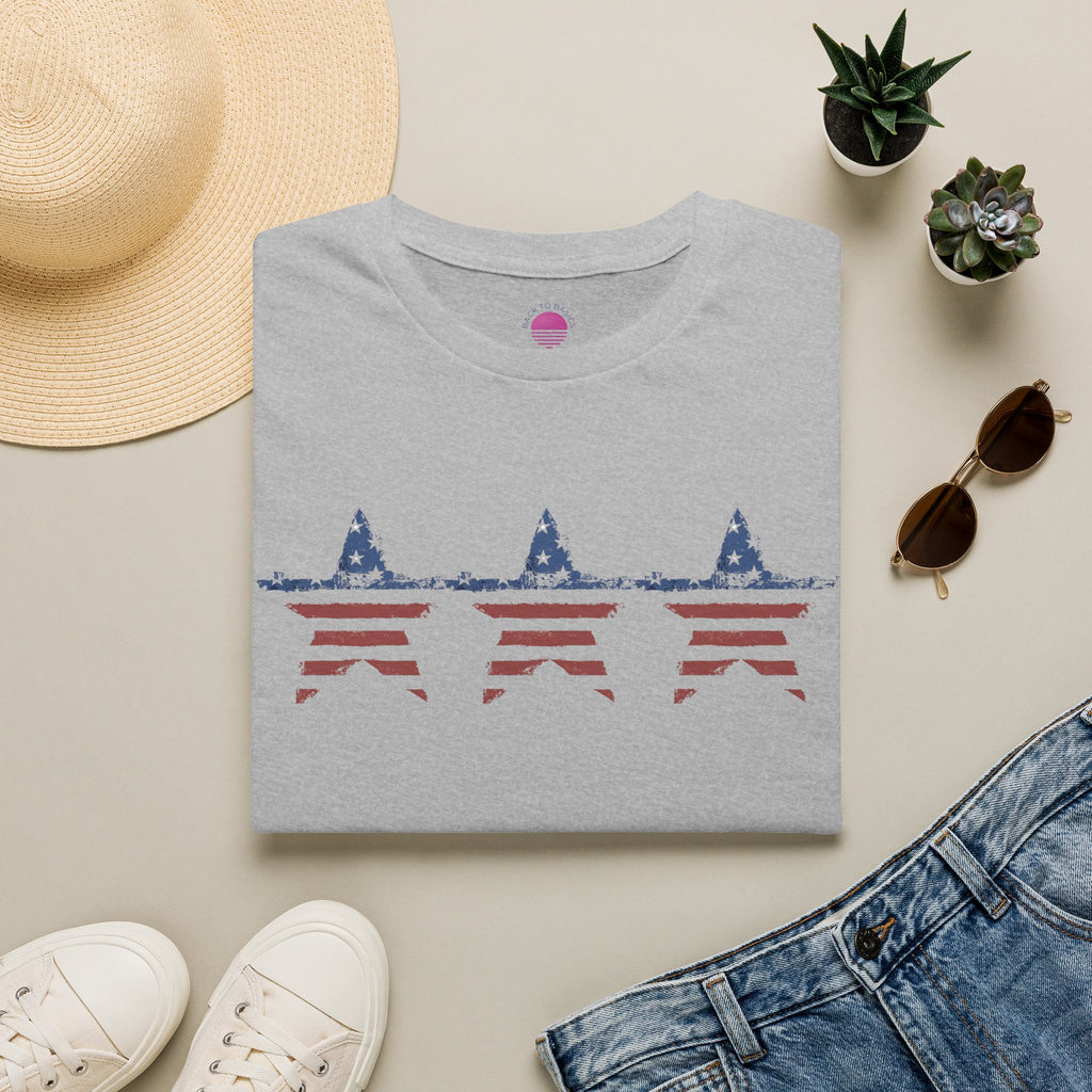 Patriotic Star Stripe T-Shirt featuring stars and stripes design on a gray background, perfect for summer celebrations.