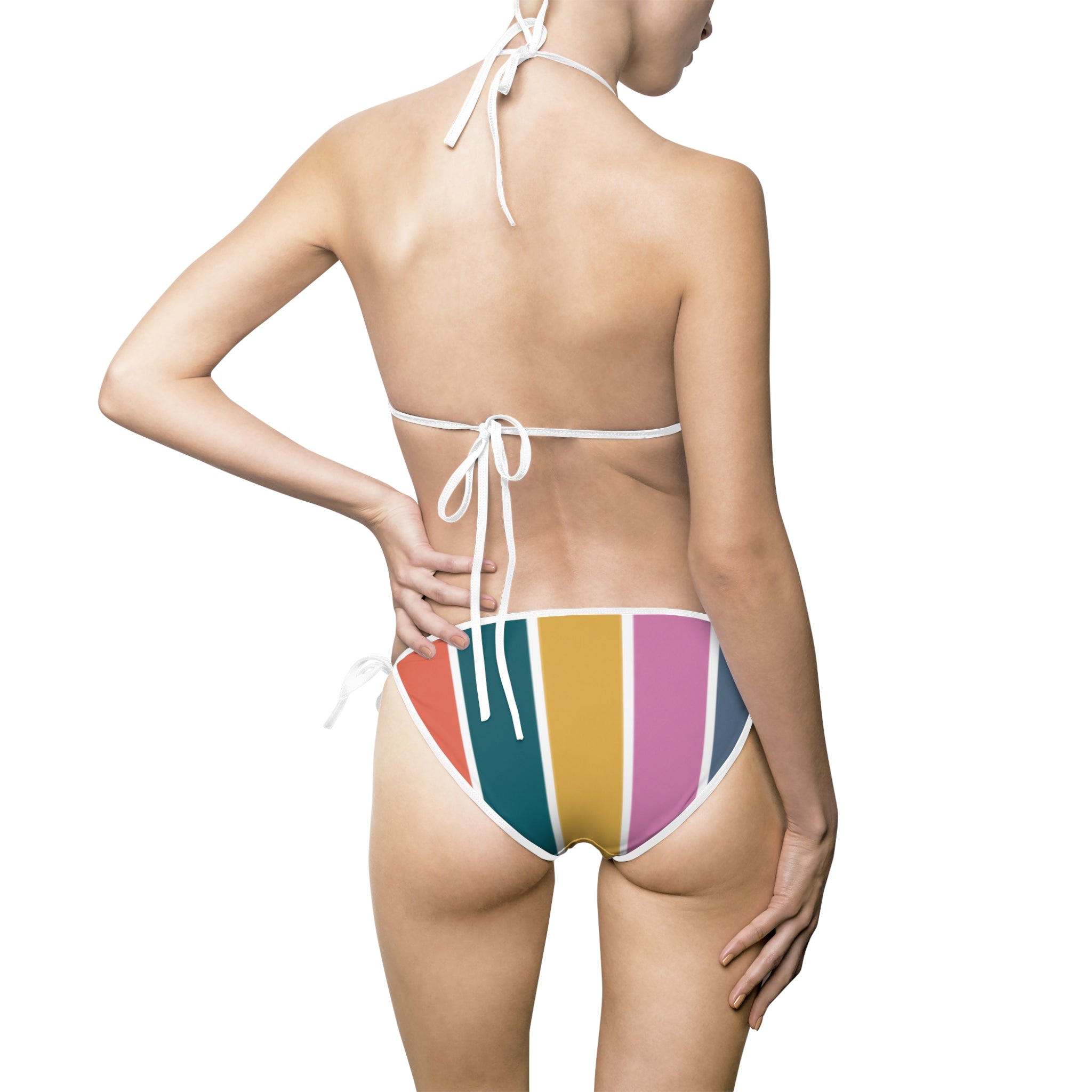 Striped Retro Colorblock Bikini — Women's Tie-Side Triangle Swimsuit