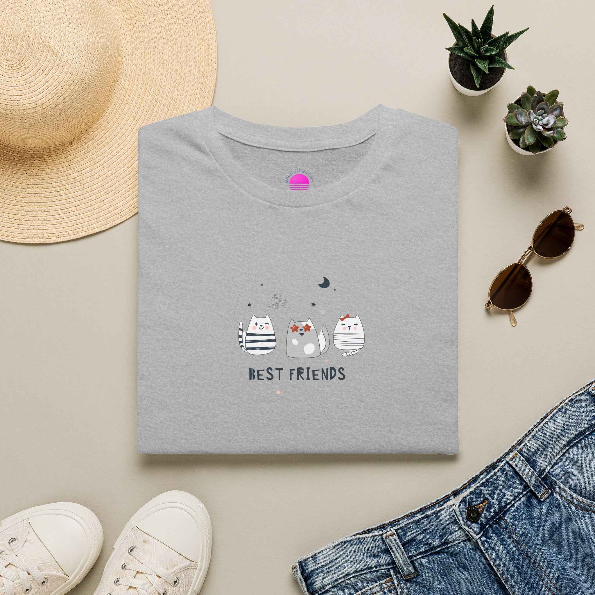 Cat Best Friends T-Shirt featuring a playful design of cats and the text 'Best Friends' on a cozy gray cotton tee.