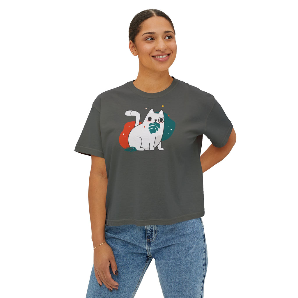 Cute Cosmic Cat Boxy Tee — Women's Graphic T-Shirt