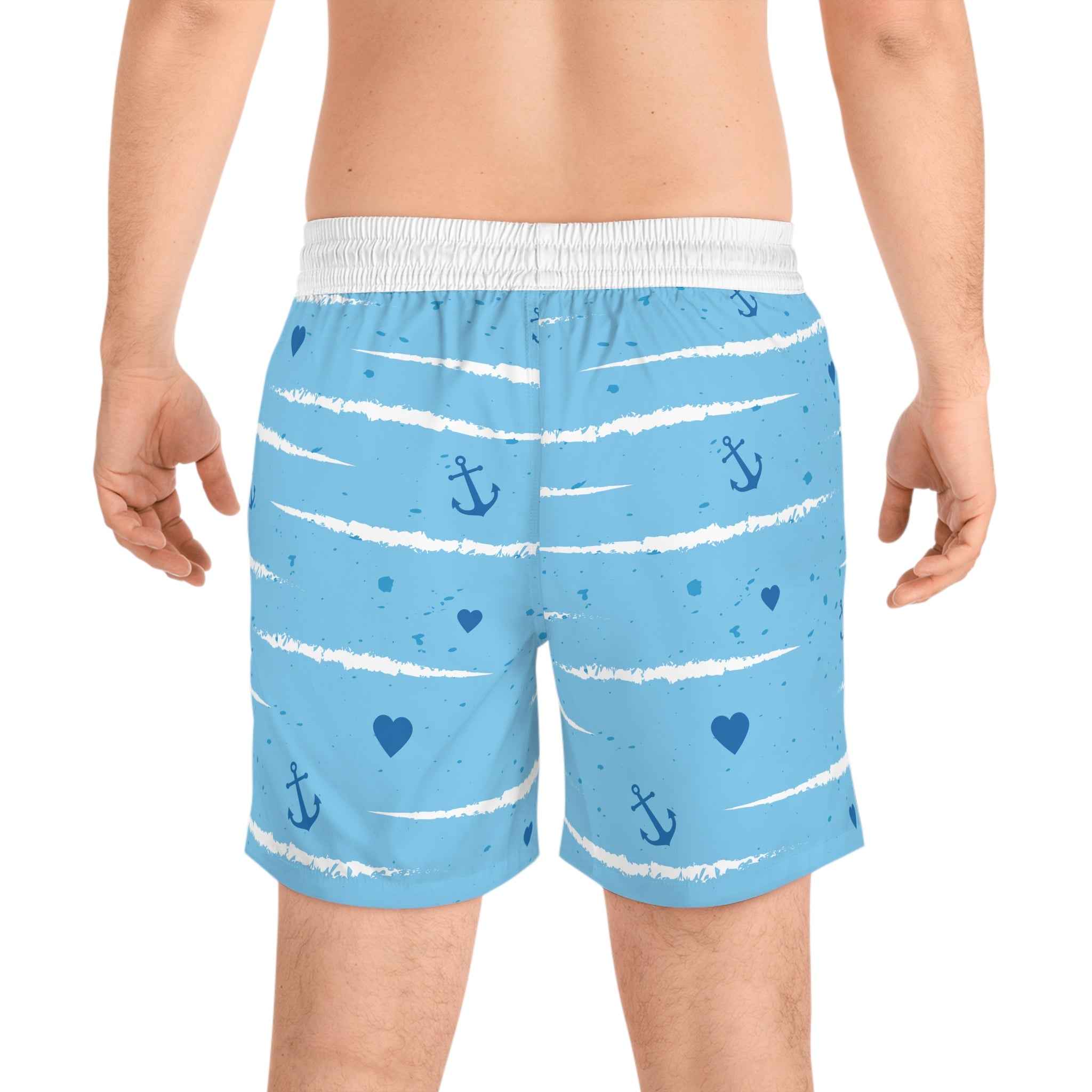 Nautical Anchor Blue Swim Shorts — Men's Mid-Length Swim Trunks