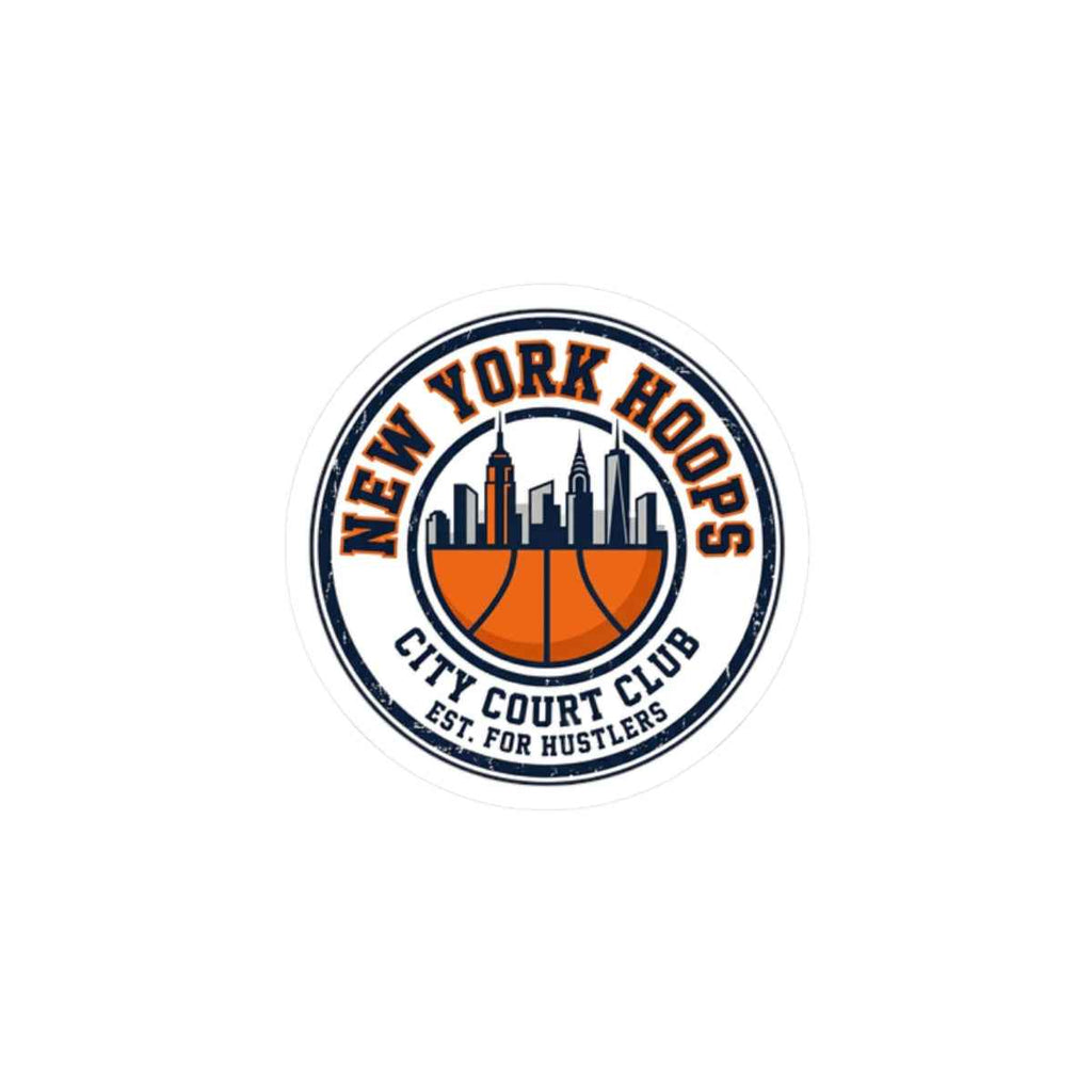 New York basketball sticker featuring retro design, skyline, and basketball motif in neutral and orange colors.