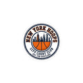 New York basketball sticker featuring retro design, skyline, and basketball motif in neutral and orange colors.