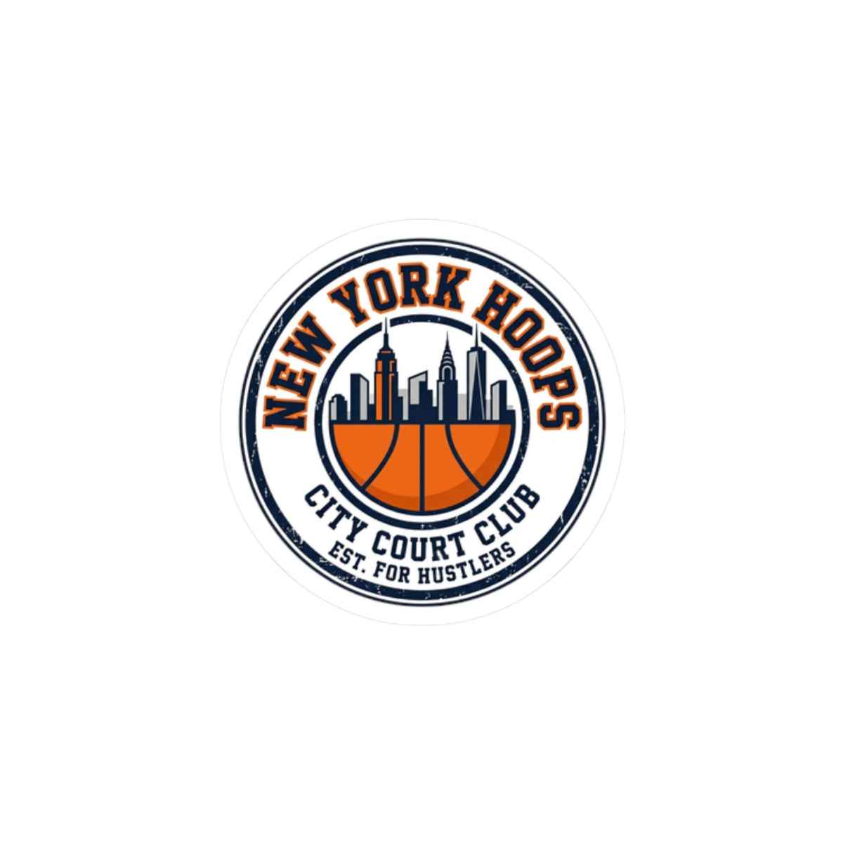 New York basketball sticker featuring retro design, skyline, and basketball motif in neutral and orange colors.