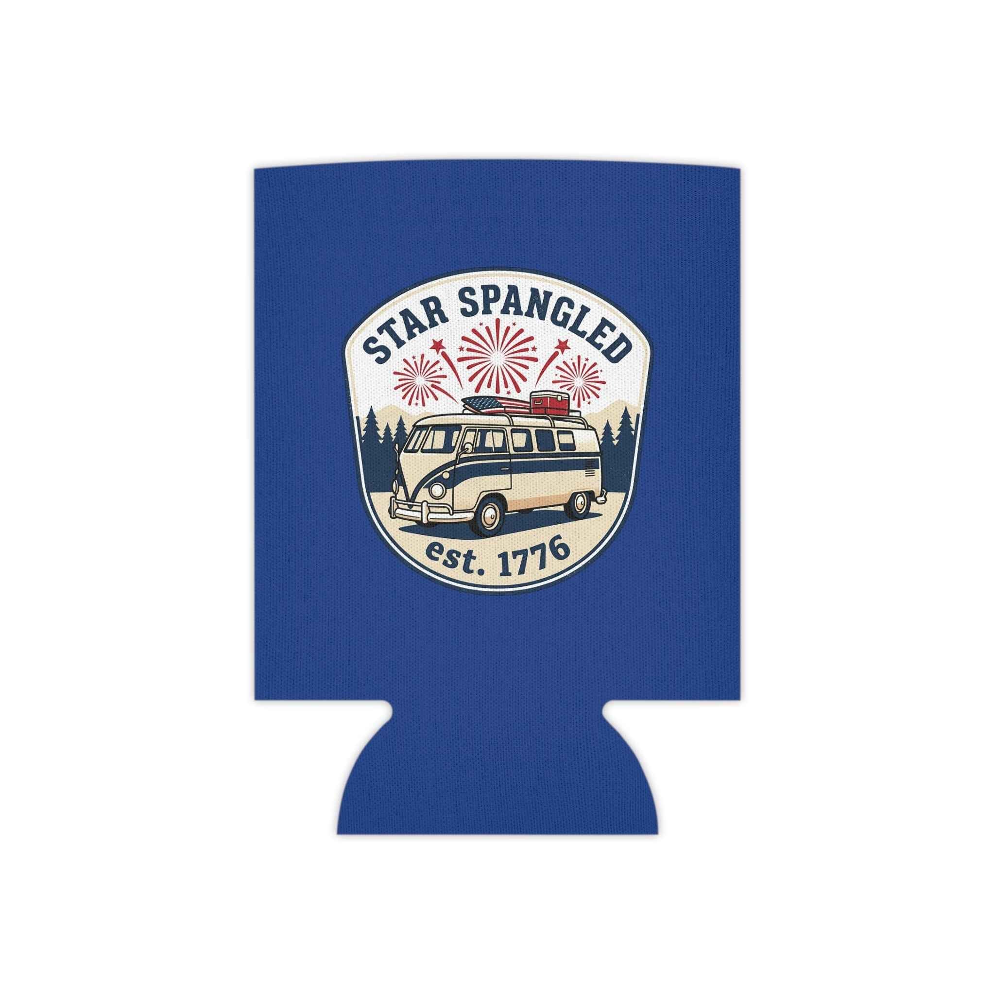 Star Spangled Van Can koozie, a patriotic beer cooler featuring retro Americana design with a vintage van and fireworks.