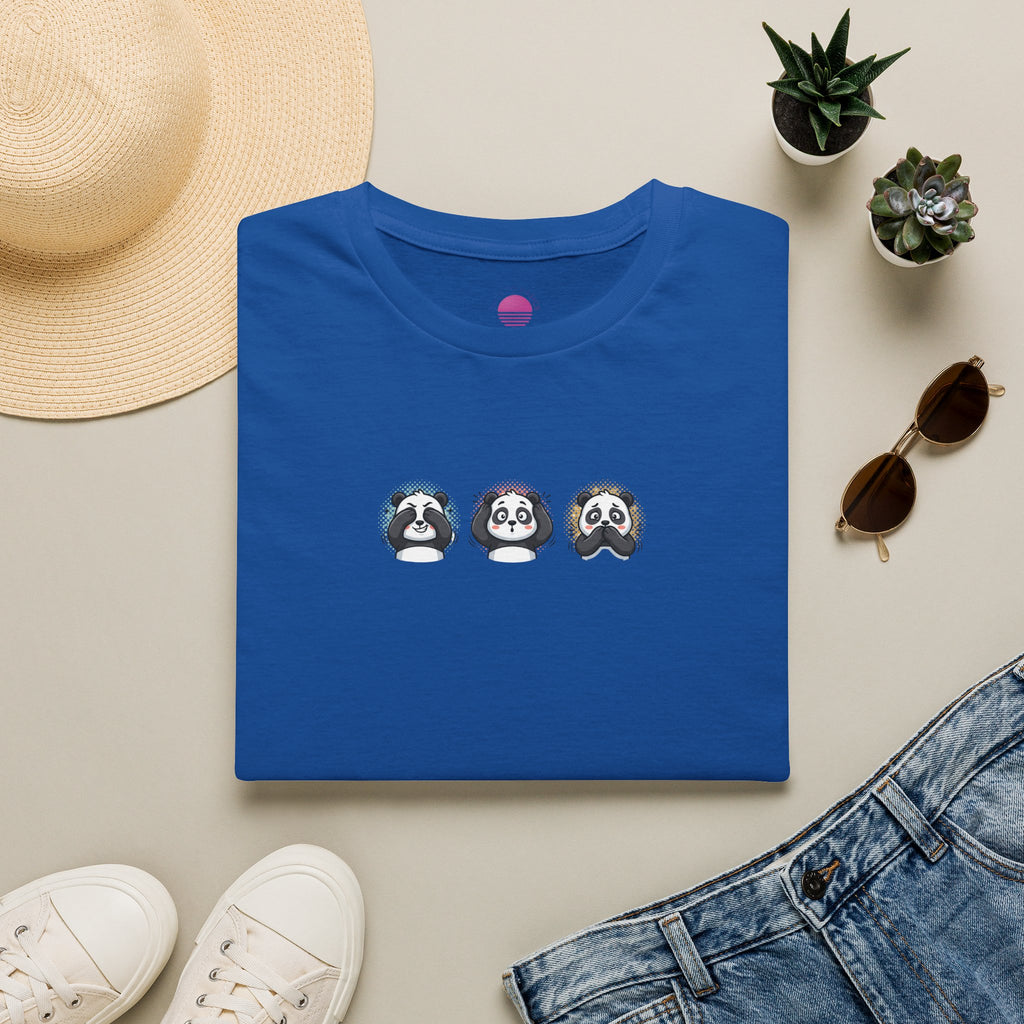Panda Trio Graphic T-Shirt featuring three cute cartoon panda faces on a blue tee for playful casual wear.