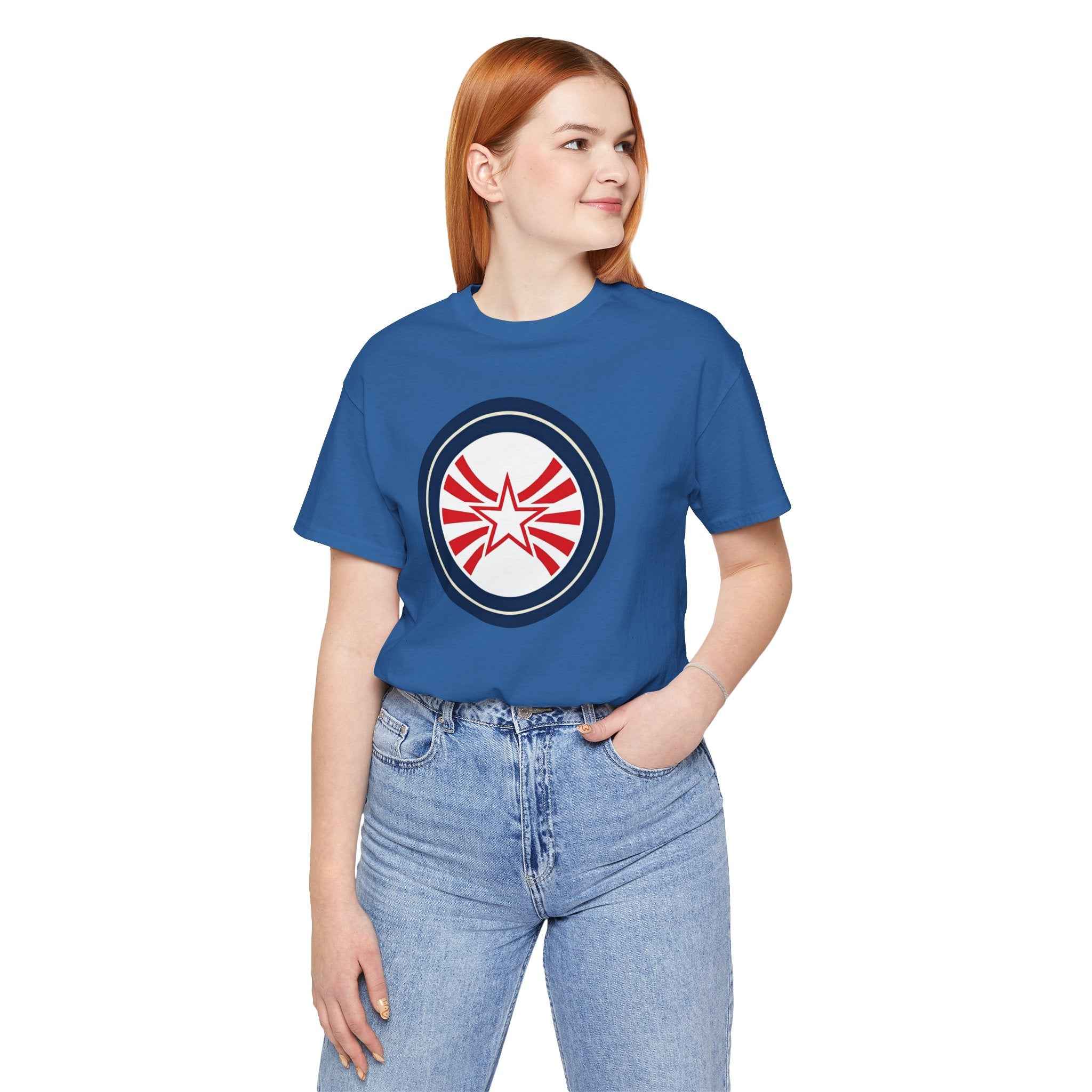 Patriotic Starburst Tee — Red, White & Blue Round Emblem T-Shirt