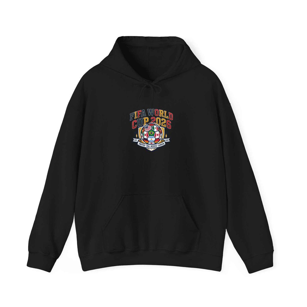 World Cup Patch Hoodie in black for soccer watch party, featuring retro crest and minimalist design.