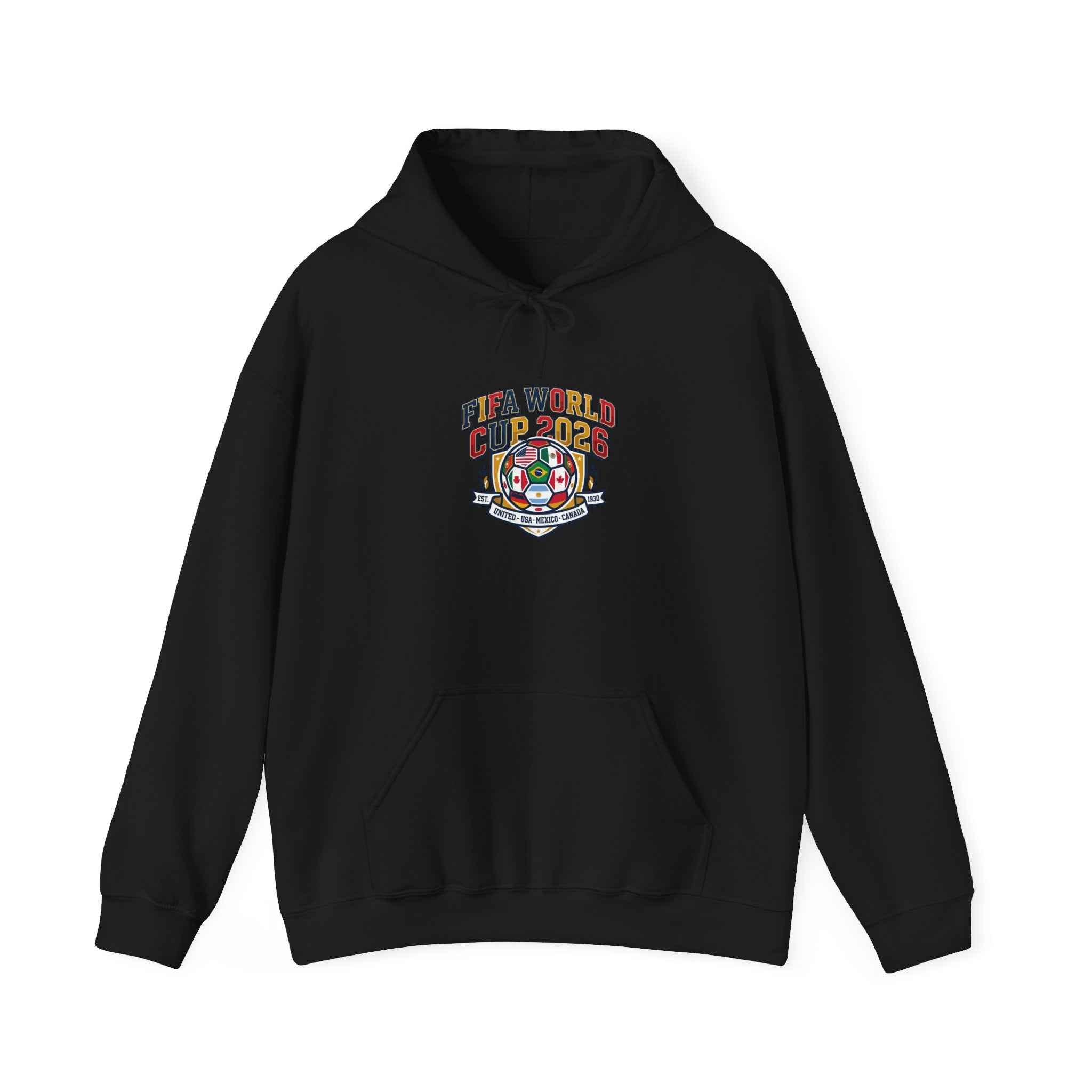 World Cup Patch Hoodie in black for soccer watch party, featuring retro crest and minimalist design.