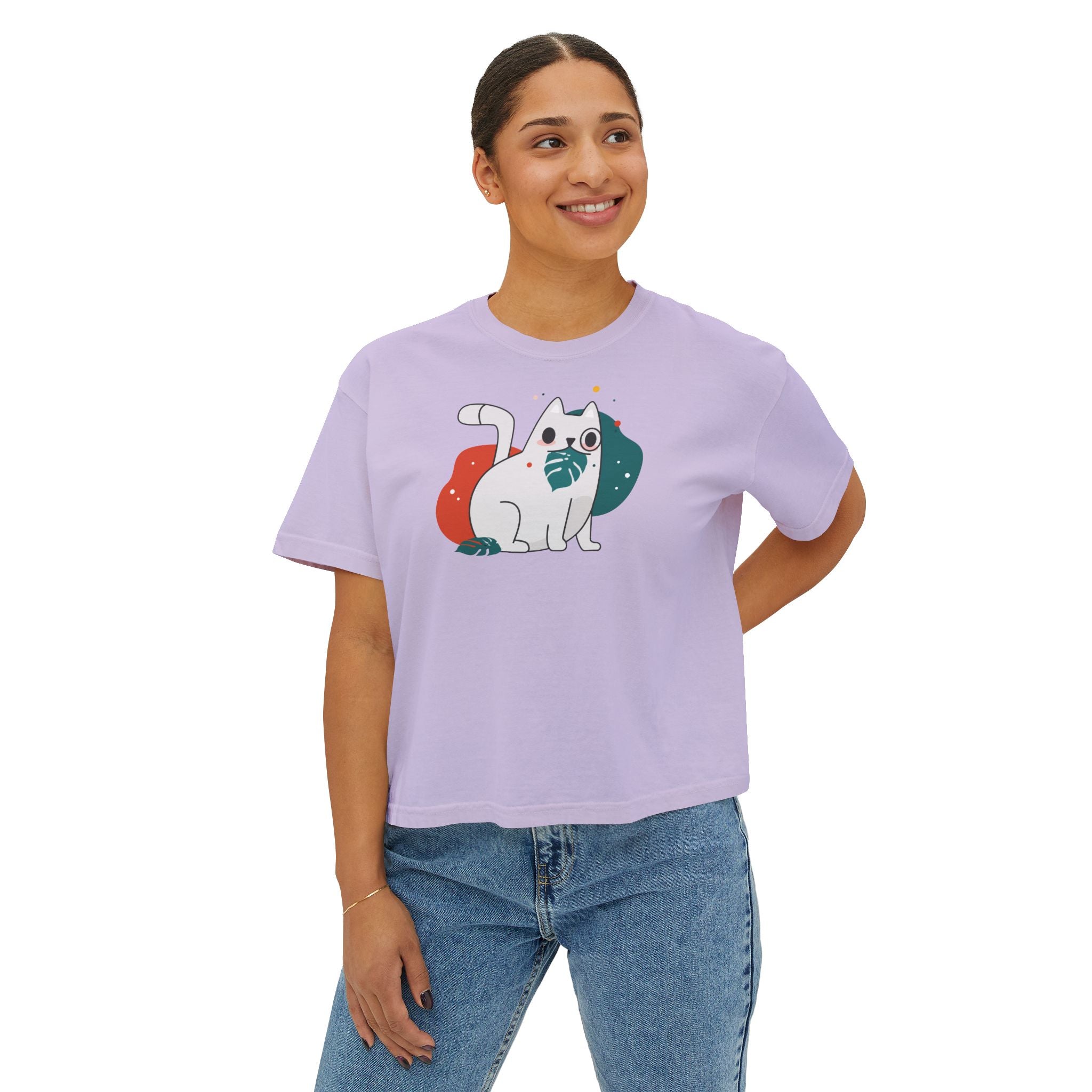 Cute Cosmic Cat Boxy Tee — Women's Graphic T-Shirt
