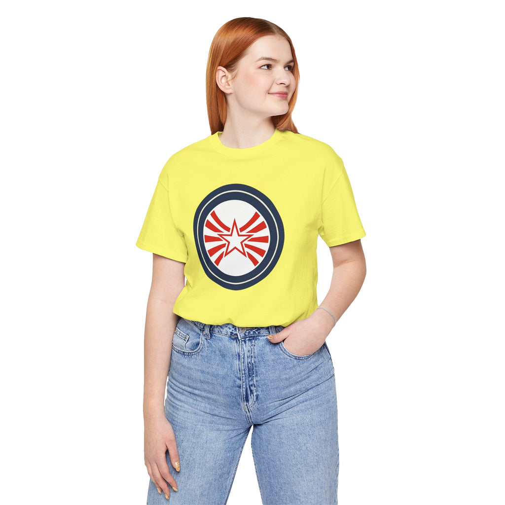 Patriotic Starburst Tee — Red, White & Blue Round Emblem T-Shirt
