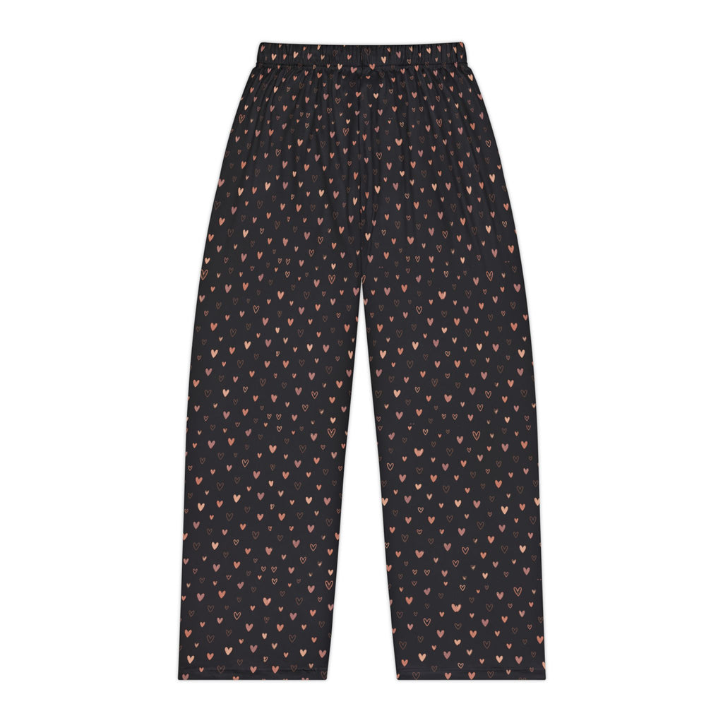 Heart Print Women's Pajama Pants featuring a soft, lightweight fabric with tiny heart designs on a dark background.
