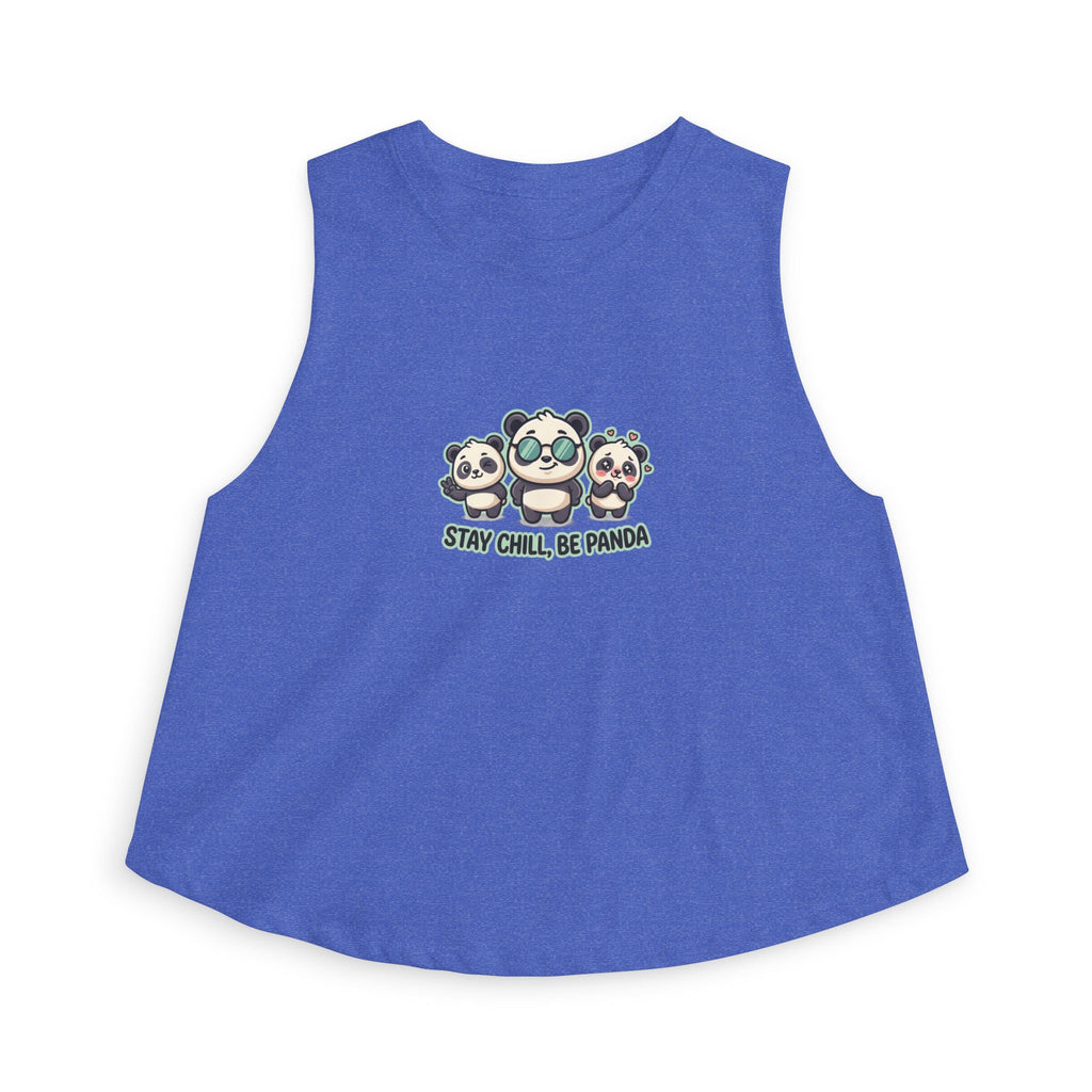 Cute panda graphic crop top featuring playful panda designs and the text 'Stay Chill Be Panda'.