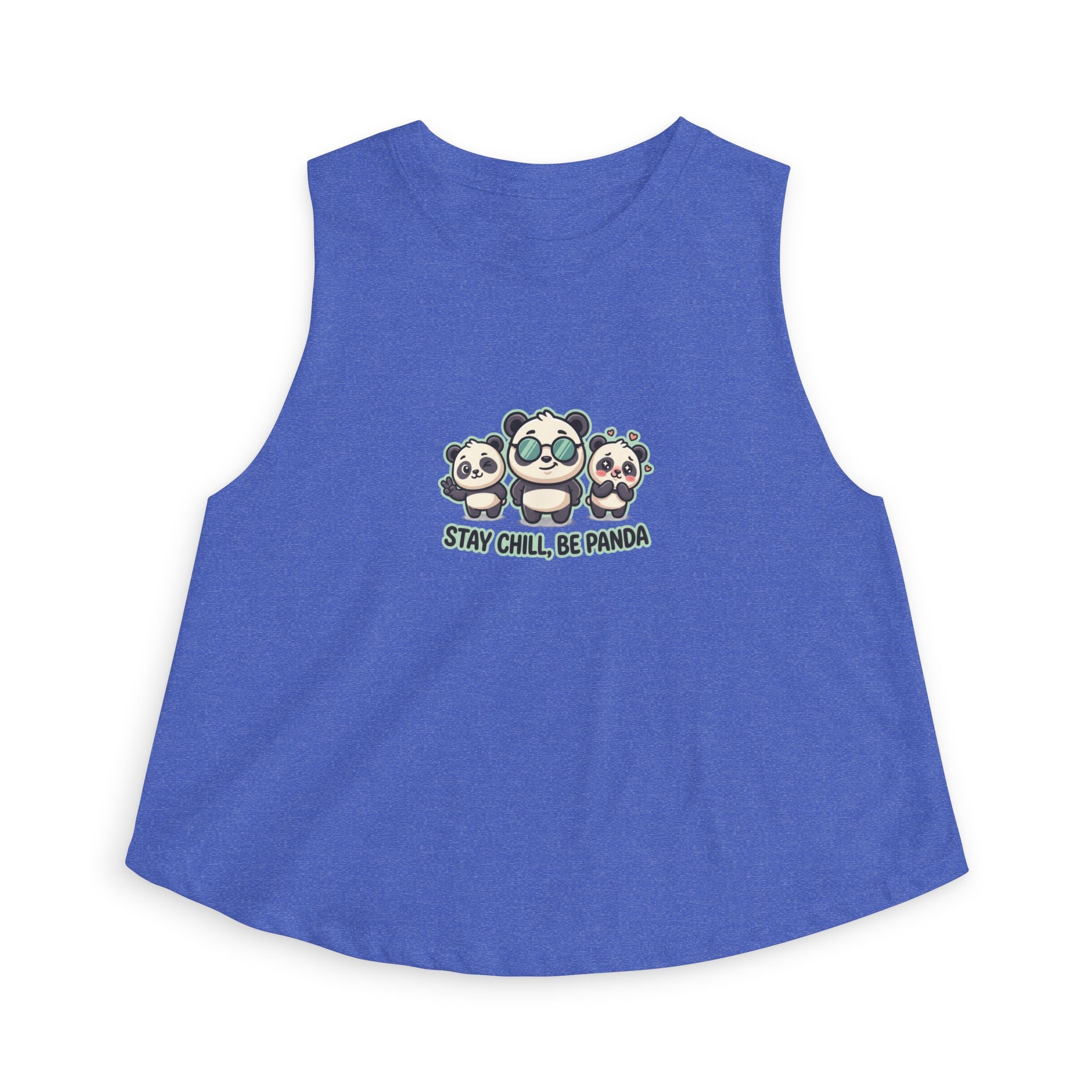 Cute panda graphic crop top featuring playful panda designs and the text 'Stay Chill Be Panda'.