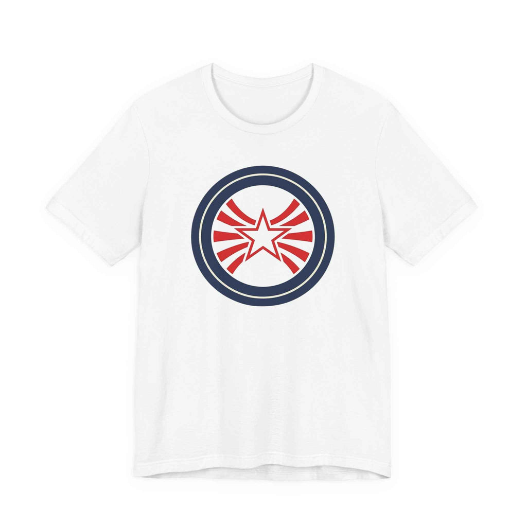 Patriotic Starburst Tee — Red, White & Blue Round Emblem T-Shirt
