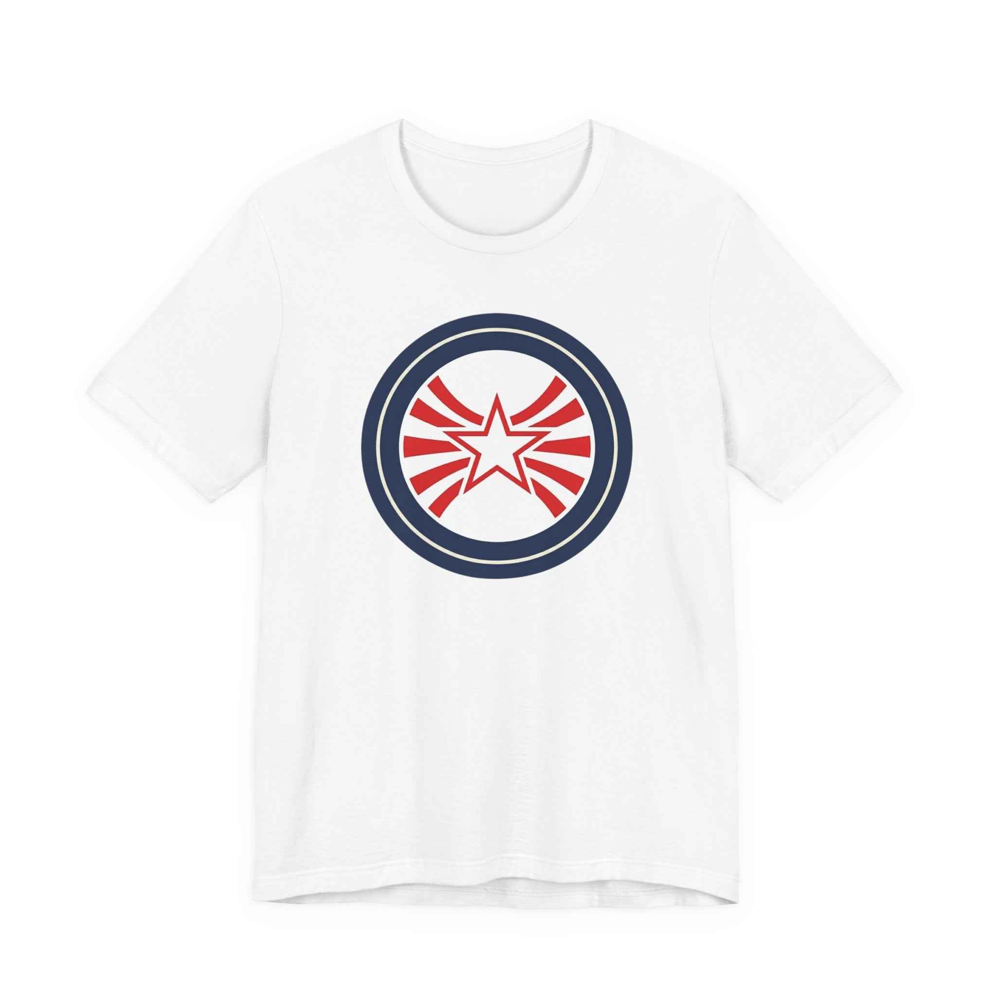 Patriotic Starburst Tee — Red, White & Blue Round Emblem T-Shirt