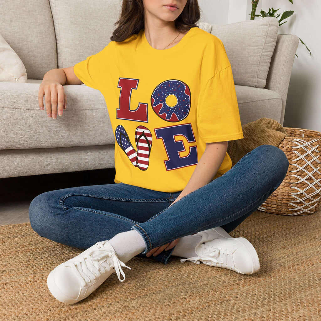 Patriotic "LOVE" T-Shirt — American Flag Donut & Flip-Flop Summer Tee