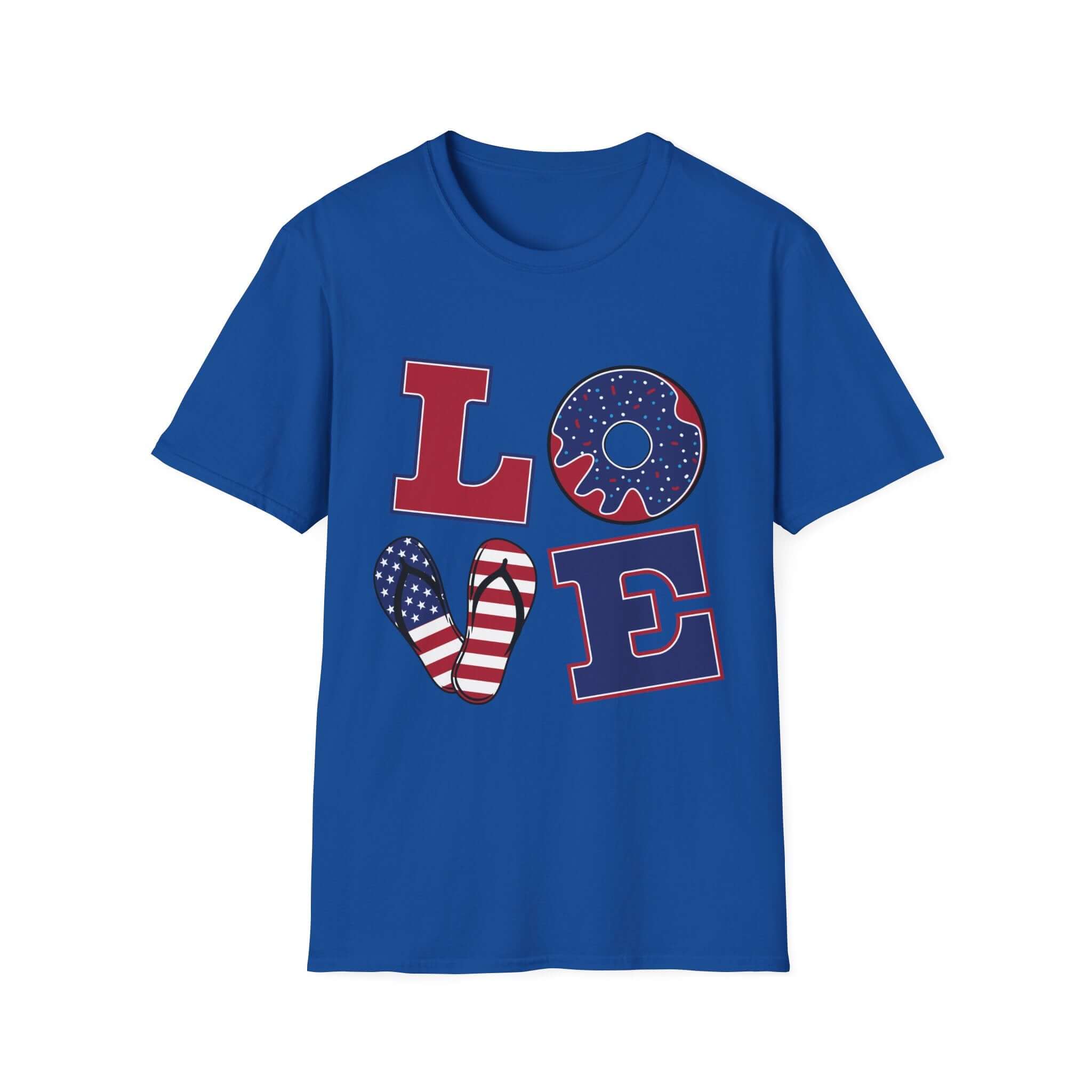 Patriotic "LOVE" T-Shirt — American Flag Donut & Flip-Flop Summer Tee