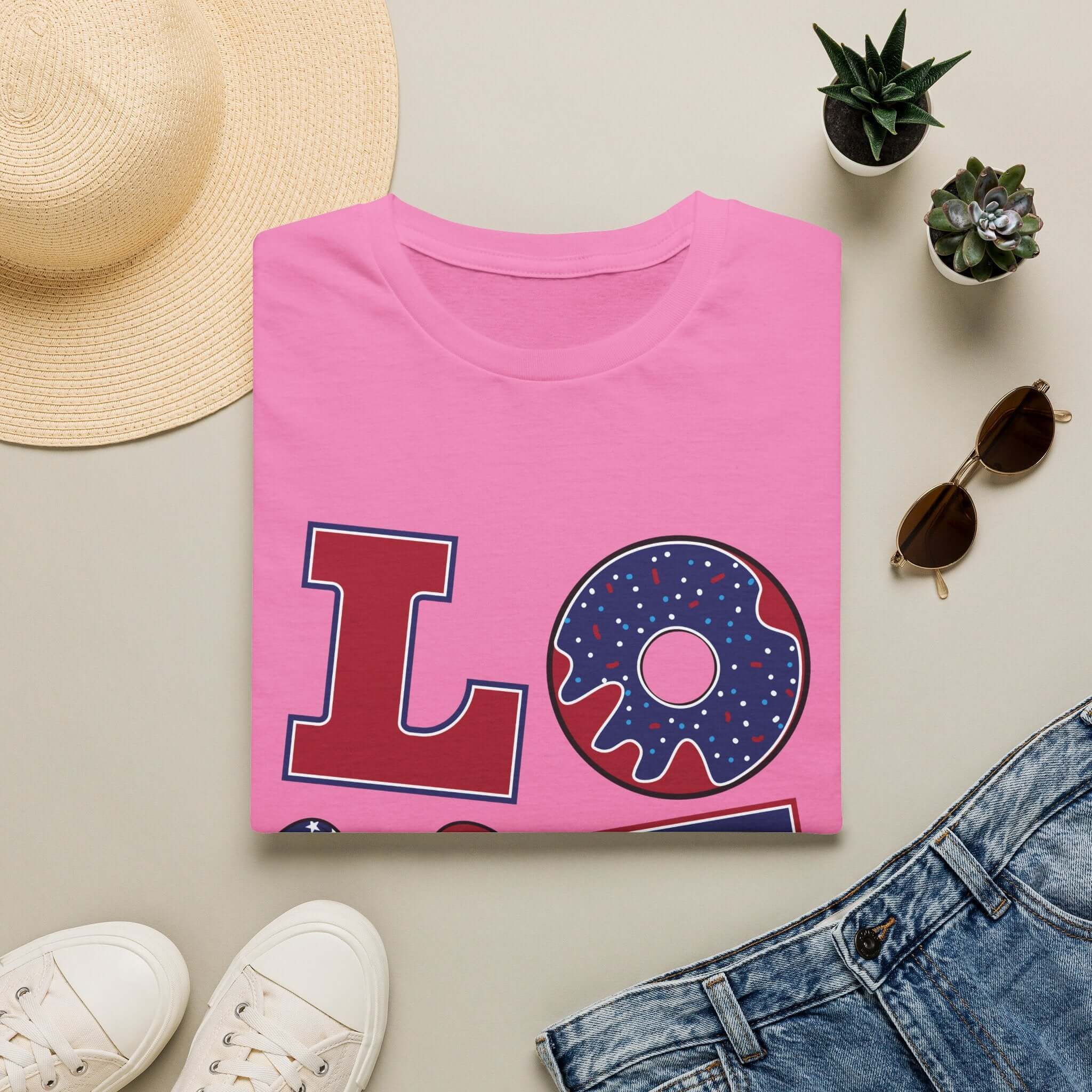 Patriotic "LOVE" T-Shirt — American Flag Donut & Flip-Flop Summer Tee