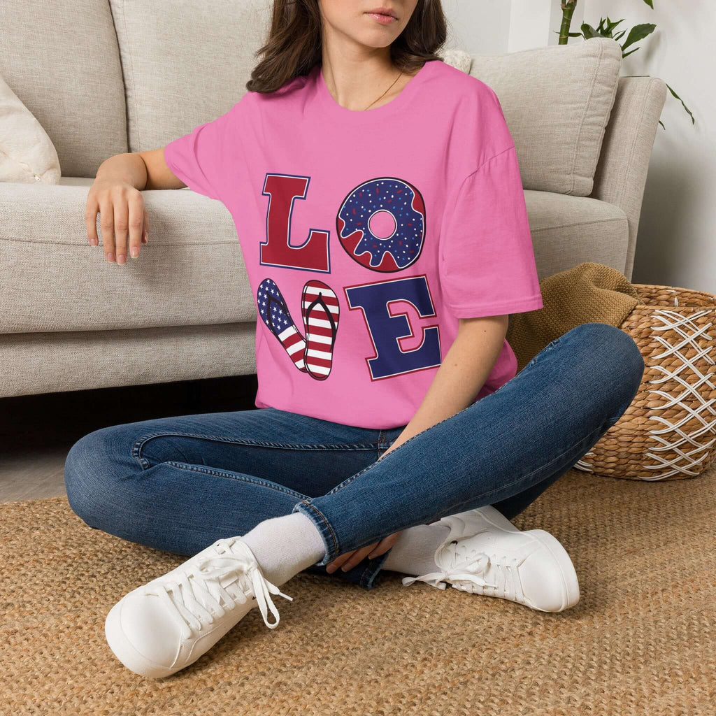 Patriotic "LOVE" T-Shirt — American Flag Donut & Flip-Flop Summer Tee