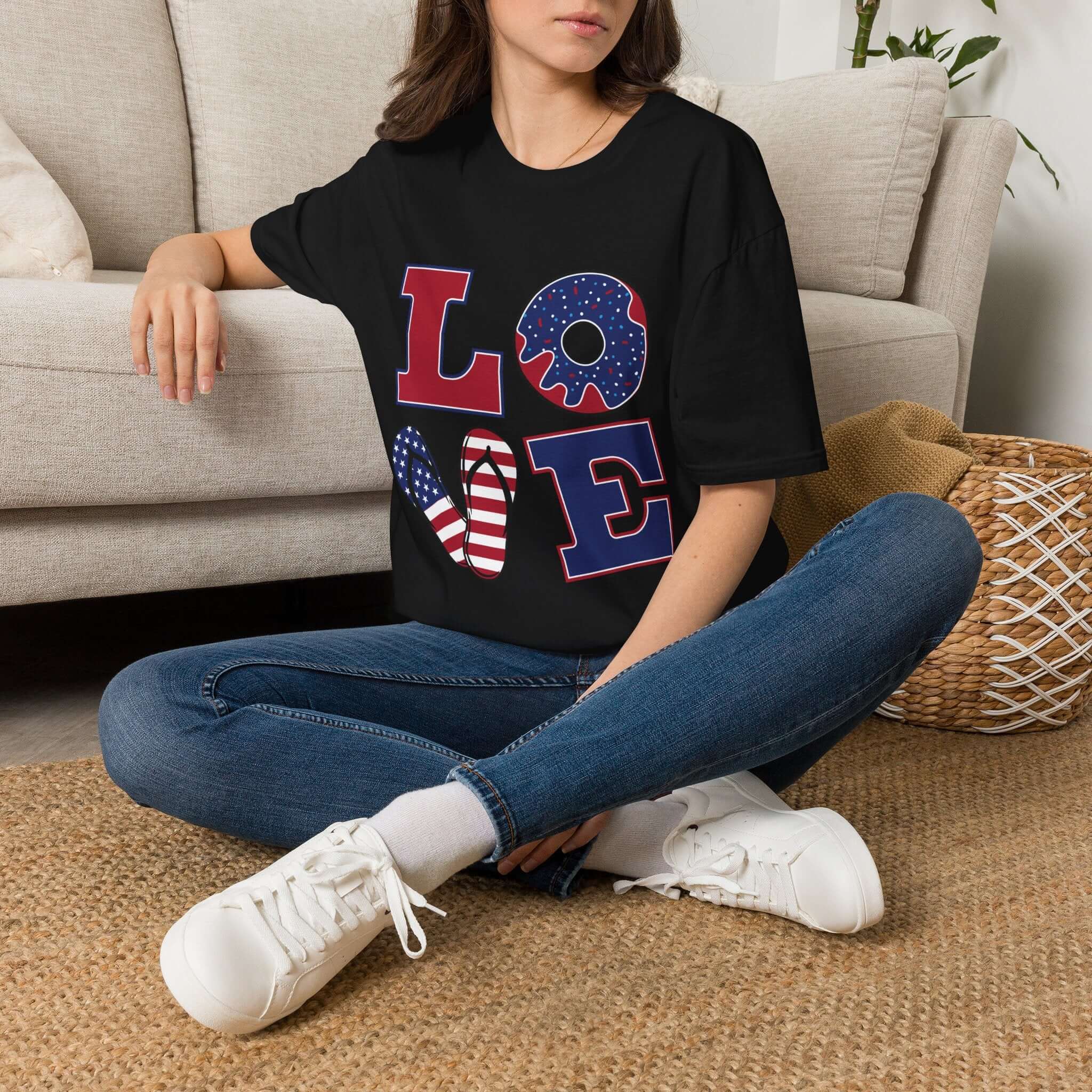 Patriotic "LOVE" T-Shirt — American Flag Donut & Flip-Flop Summer Tee