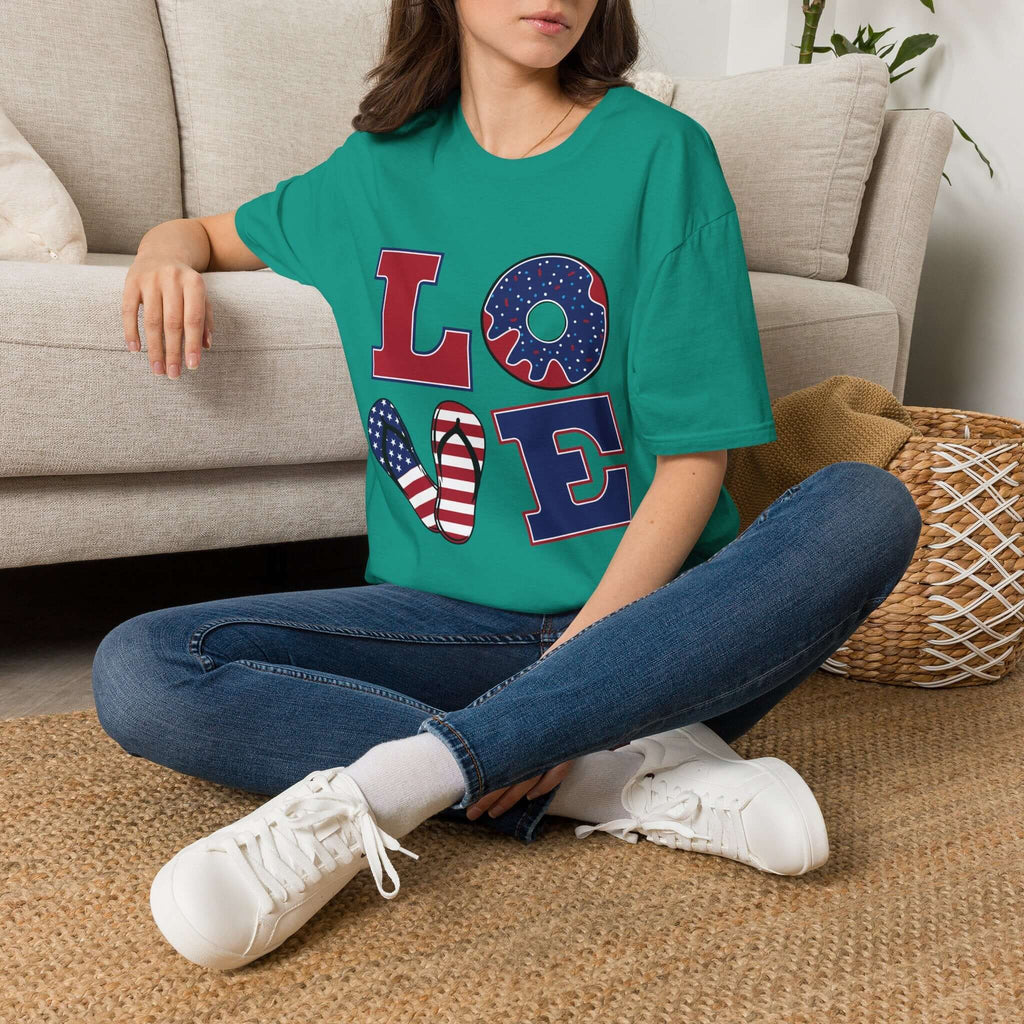 Patriotic "LOVE" T-Shirt — American Flag Donut & Flip-Flop Summer Tee