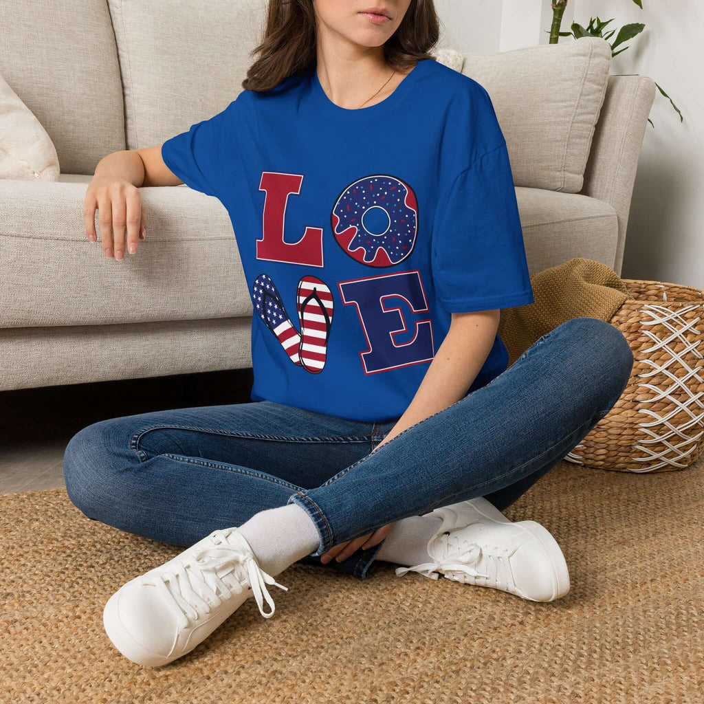 Patriotic "LOVE" T-Shirt — American Flag Donut & Flip-Flop Summer Tee