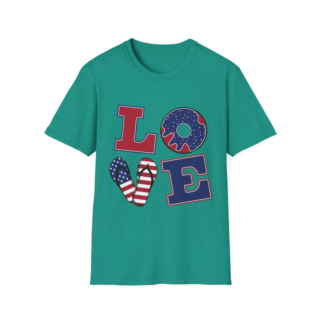 Patriotic "LOVE" T-Shirt — American Flag Donut & Flip-Flop Summer Tee
