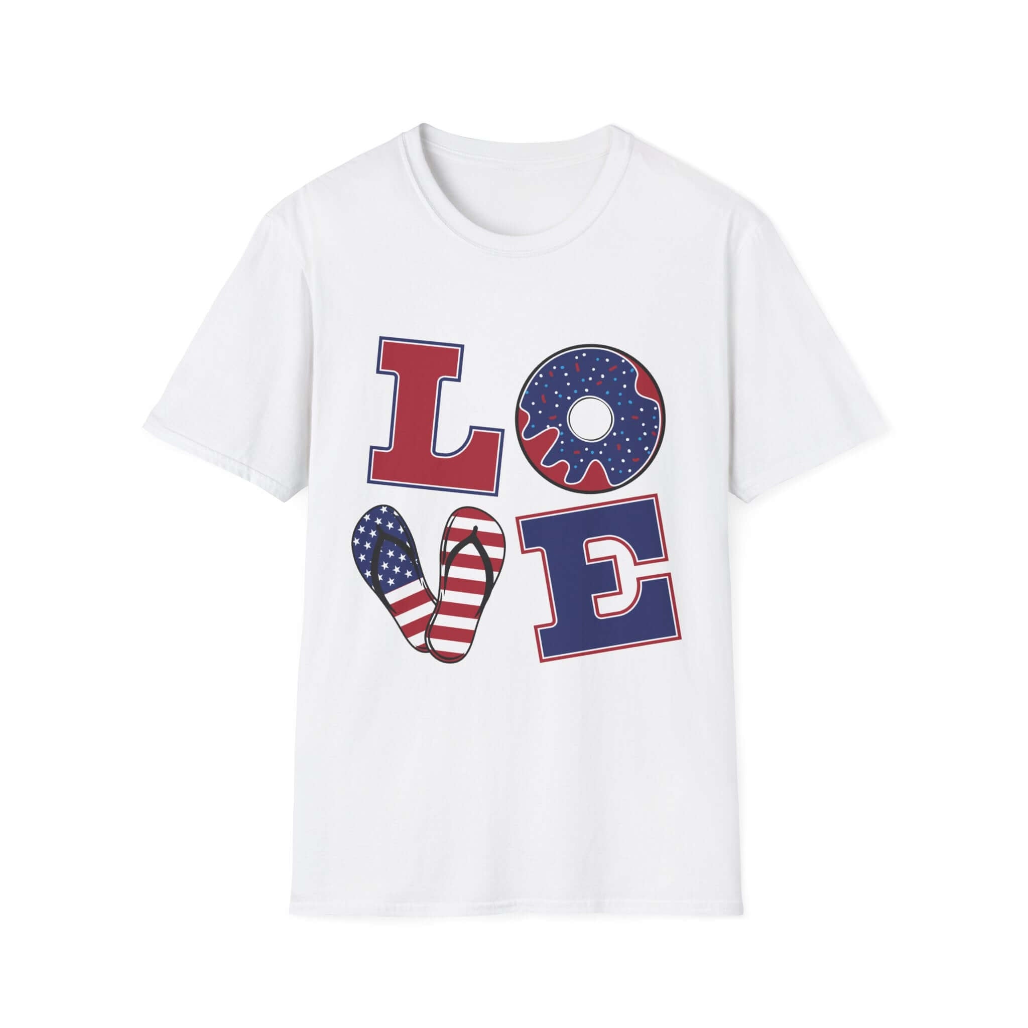Patriotic "LOVE" T-Shirt — American Flag Donut & Flip-Flop Summer Tee