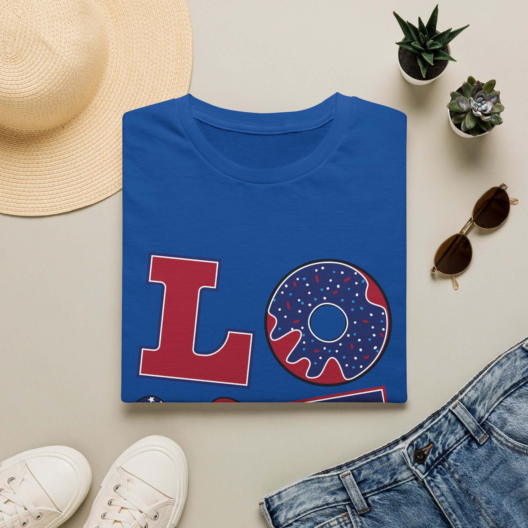 Patriotic "LOVE" T-Shirt — American Flag Donut & Flip-Flop Summer Tee