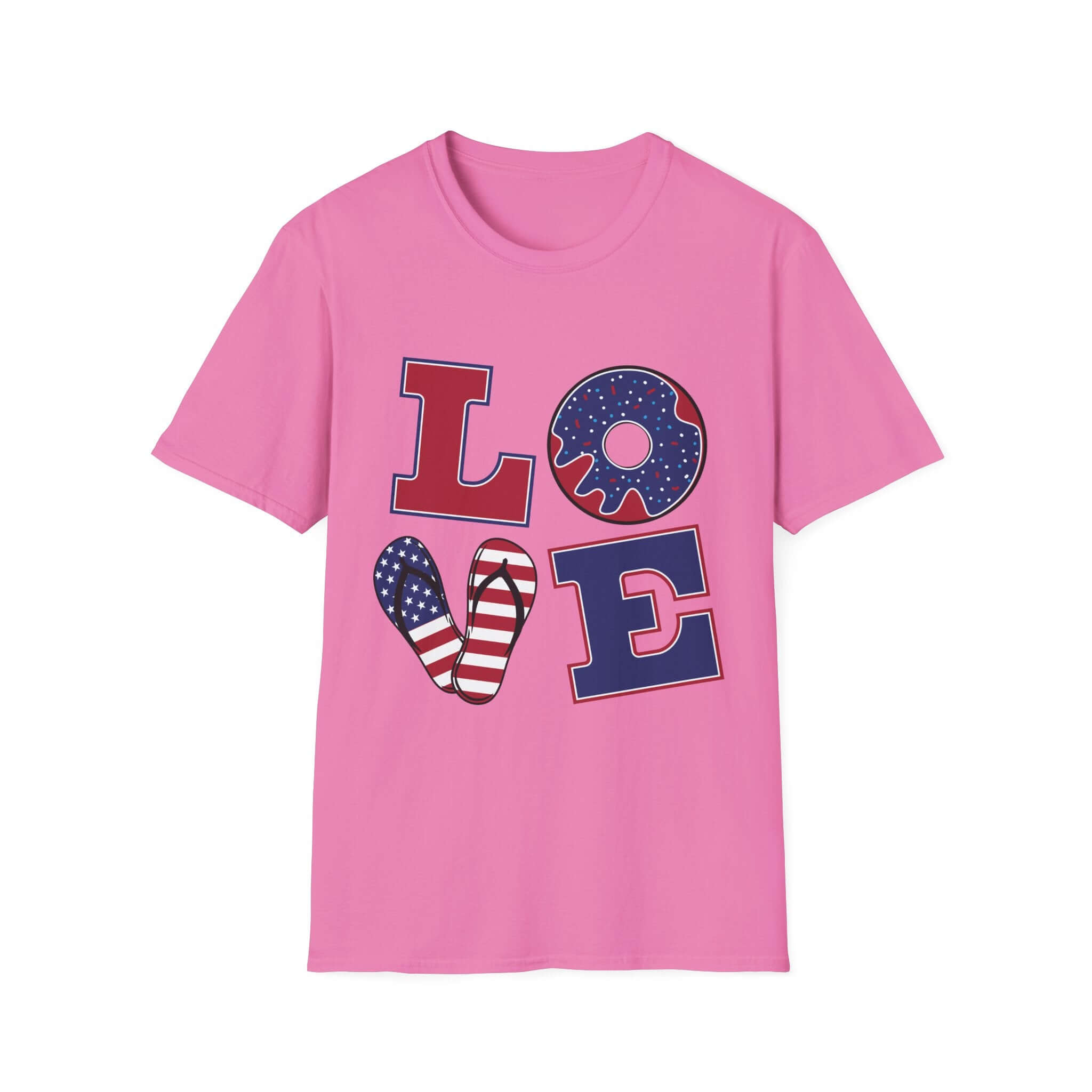 Patriotic "LOVE" T-Shirt — American Flag Donut & Flip-Flop Summer Tee